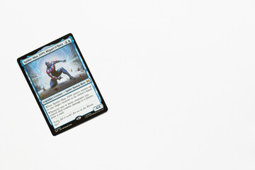 Naklejka premium Bradford, UK Nov 3 2025 Spider-man 2099 Miguel O'Hara magic the gathering card shot isolated on a white paper background.