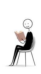 Fototapeta premium Stickman Reading Book, Learning, Knowledge, Education, Relaxation, Person on Chair.