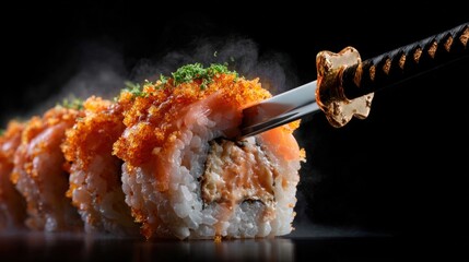 Close-up of a sushi roll with a pair of chopsticks resting on top of it. the sushi roll appears to be made of white rice and is covered in a layer of orange-colored fish, possibly salmon or tuna.
