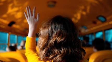 Fototapeta premium Young woman with long, wavy hair, standing in the back of a school bus. she is wearing a yellow sweater and is raising her right hand up in the air, as if she is waving.