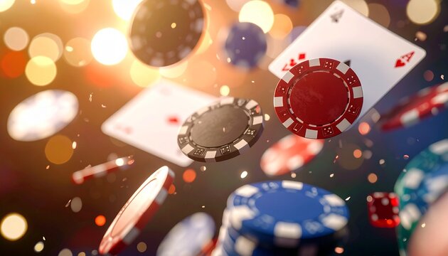 Floating poker chips and cards with bokeh lights
