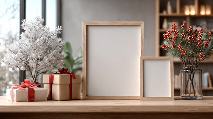 Cozy living room adorned with winter decorations, featuring wooden frames waiting to hold festive memories. A small snowy tree and gift-wrapped boxes enhance the holiday spirit