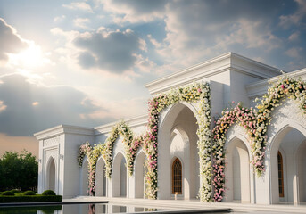 Elegant White Building Exterior with Floral Arches, Reflecting Pool, Cloudy Sky and Sunlight.