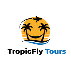 Naklejka premium Tropic Fly tropical travel beach palm island flight adventure tours logo