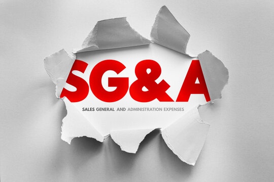 Acronym SG and A bursts through torn paper, revealing the concept of Sales, General, and Administrative Expenses. This image symbolizes corporate financial structure and business cost management