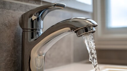 Close-up shot of a modern chrome faucet with clean, refreshing water flowing out into a white sink, highlighting essential home hygiene and water usage