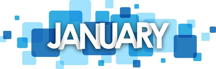 JANUARY typography banner with blue squares on transparent background