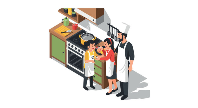 Family cooking together in kitchen isometric style with child learning