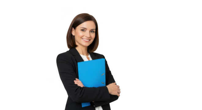 Confident businesswoman in black suit holding blue folder smiling