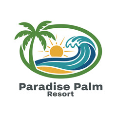 Naklejka premium Paradise Palm tropical beach resort island holiday vacation palm tree logo