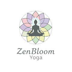 Zen Bloom peaceful yoga lotus meditation healing and chakra balance logo design
