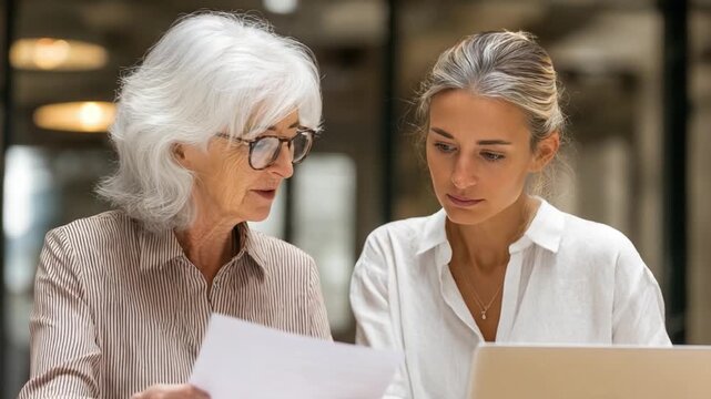 Focused Collaboration: A senior mentor and a younger professional deeply engaged in reviewing documents. The image conveys the essence of mentorship and professional development.