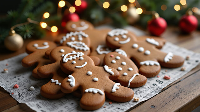 Gingerbread cookies with chrismas decorations on wooden table