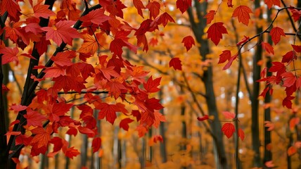 Beautiful autumn forest with vibrant red and orange maple leaves, seasonal fall foliage background in warm natural light. Generative AI.