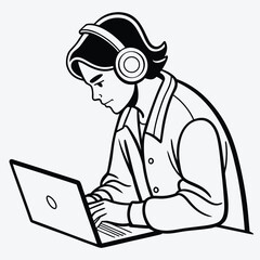 A minimalist black-and-white drawing of a person typing on a laptop with  concentration and creativity.