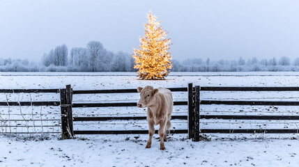 A serene rural scene captures a cow standing next to a wooden fence, with a beautifully lit Christmas tree glowing softly in the snowy backdrop. The winter atmosphere is calm and festive