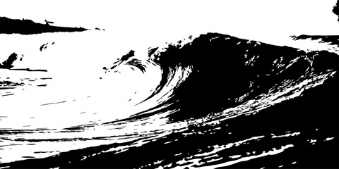 Black and white ocean wave curling powerfully, high contrast tones, dramatic motion, textured water, minimalist seascape, raw energy, abstract coastal atmosphere, bold and dynamic nature scene.