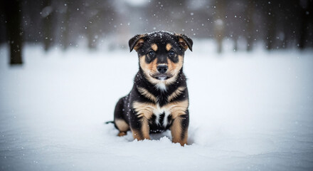 Adorable Puppy Sitting in Snowy Winter Landscape
