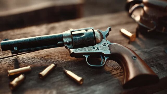 Antique revolver on rustic wooden surface with cartridges