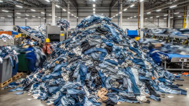 Factory Workers Sorting Denim Clothes on Massive Piles in Warehouse