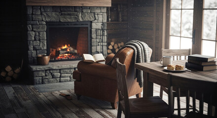 Rustic Reading Nook by Fireplace in Winter Cabin

