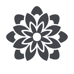 Ornamental floral design with petals, flower icon, stylized botanical symbol on white background