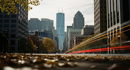 City Street with Light Trails and Autumn Trees
