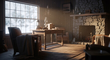 Rustic Winter Cabin Workspace with Warm Firelight
