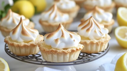 National Lemon Meringue Pie Day Lemon meringue tartlets on wire rack with fresh lemons in background