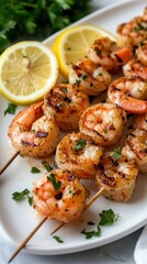 Grilled shrimp skewers with lemon and parsley garnish on white plate