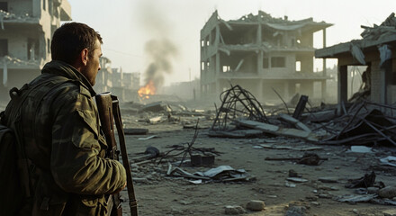 Soldier Standing in Urban Ruins with Smoke Rising in the Distance
