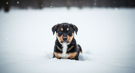 Cute Puppy Sitting in Fresh Snow During Winter Day
