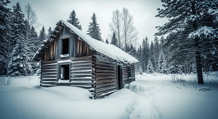 Snow Covered Abandoned Log Cabin in Winter Forest
