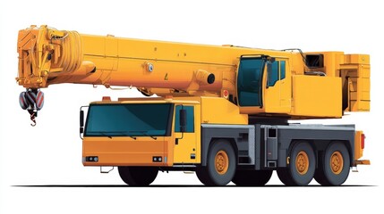 3d rendering of a large yellow crane truck. the truck has a long, cylindrical body with a crane arm extending from the top.