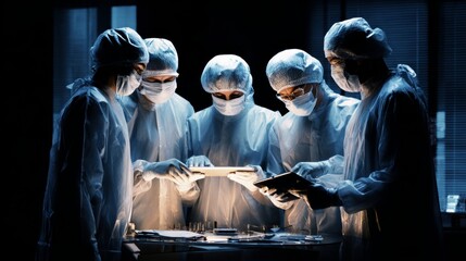 Cutting-edge technology meeting experienced professionals in healthcare. Movie artwork. Envisioning healthcare's future: doctors engage with high-tech solutions. Poster illustration.