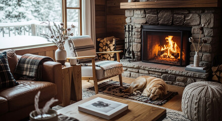 Cozy Cabin Living Room with Stone Fireplace and Sleeping Dog
