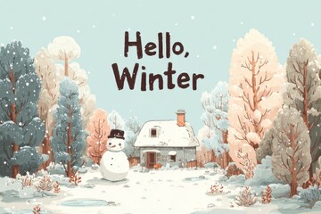 Winter landscape illustration featuring a cheerful snowman in a snowy field, surrounded by frosty trees and a cozy cottage, capturing the essence of a magical winter season