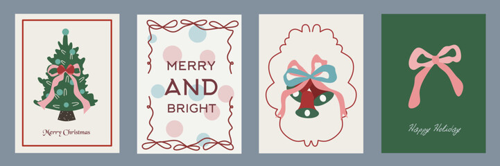 Hand drawn la dolce vita Christmas doodles. Vector illustration cards icon with bows, ribbons and tree. Minimalist winter holiday for invitations, stationery, printables, social media, wall art.