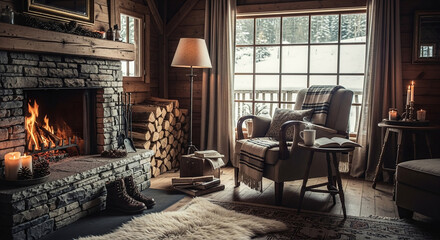 Warm Cabin Living Room with Fireplace, Wood Interior, and Snowy Window View
