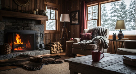 Cozy Rustic Cabin Living Room with Fireplace and Winter View
