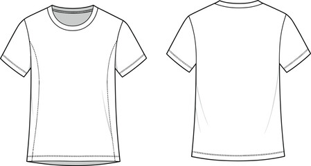 Basic short sleeve t-shirt flat sketch, front and back view, crew neck, fashion template, apparel design, vector illustration, garment construction