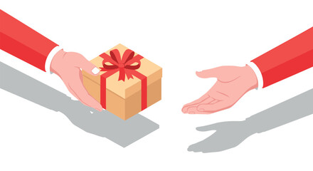 Handing a gift box with red ribbon in isometric style for celebrations and special occasions