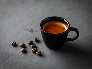 Black coffee in a matte mug with scattered beans on dark background, side studio light, moody closeup with copy space for cafe branding.