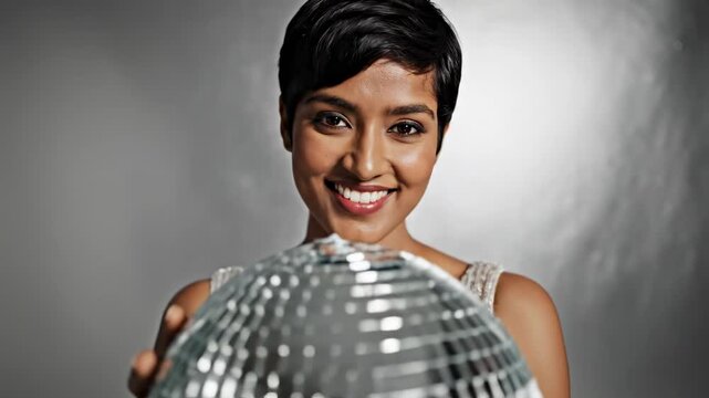Beautiful woman with a pixie haircut wearing a sparkly dress, smiling and posing with a shiny disco ball in a studio, ready to party and celebrate at a nightclub or special event