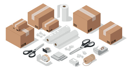 Isometric packing essentials with cardboard boxes and shipping tools for efficient handling