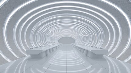 Obraz premium Long, curved tunnel-like structure with a white floor and walls. the tunnel appears to be made up of multiple layers of white tiles, creating a wave-like pattern.