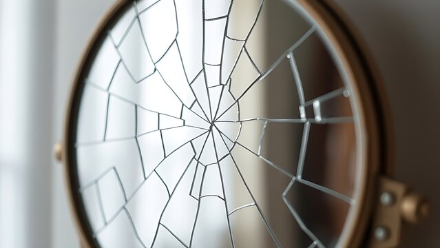 tennessine. Cracked mirror with a distorted reflection and broken surface texture. wellbeing guides, coaching materials, designed for coaching and self-improvement content, used by account managers.
