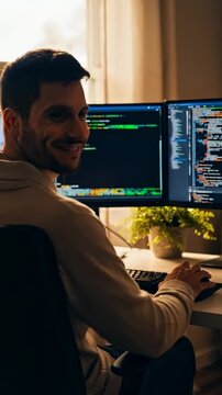 A Focused Programmer Engaging with Dual Monitors Showcasing Code and Development Environment in a Cozy Home Office Setting