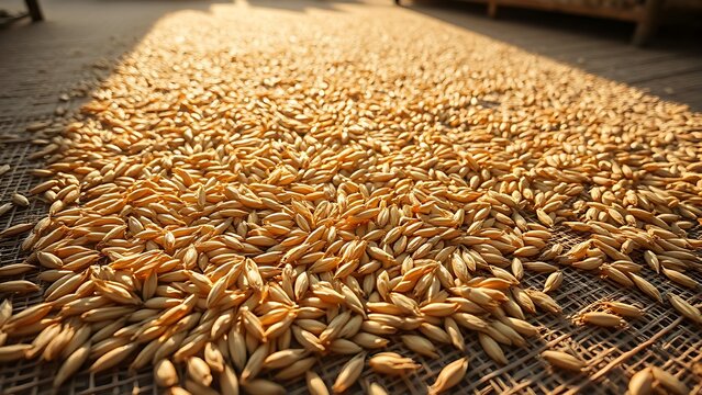 foolishness. Barley grains drying on a mat under soft, natural sunlight. menu design, packaging mockups, designed for culinary blogs and recipe cards for restaurants, used by account managers.