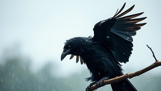 hubris. A rain-soaked crow shaking its wings on a branch with water droplets flying. wildlife magazines, conservation campaigns, designed for wildlife conservation campaigns, celebrates biodiversity.